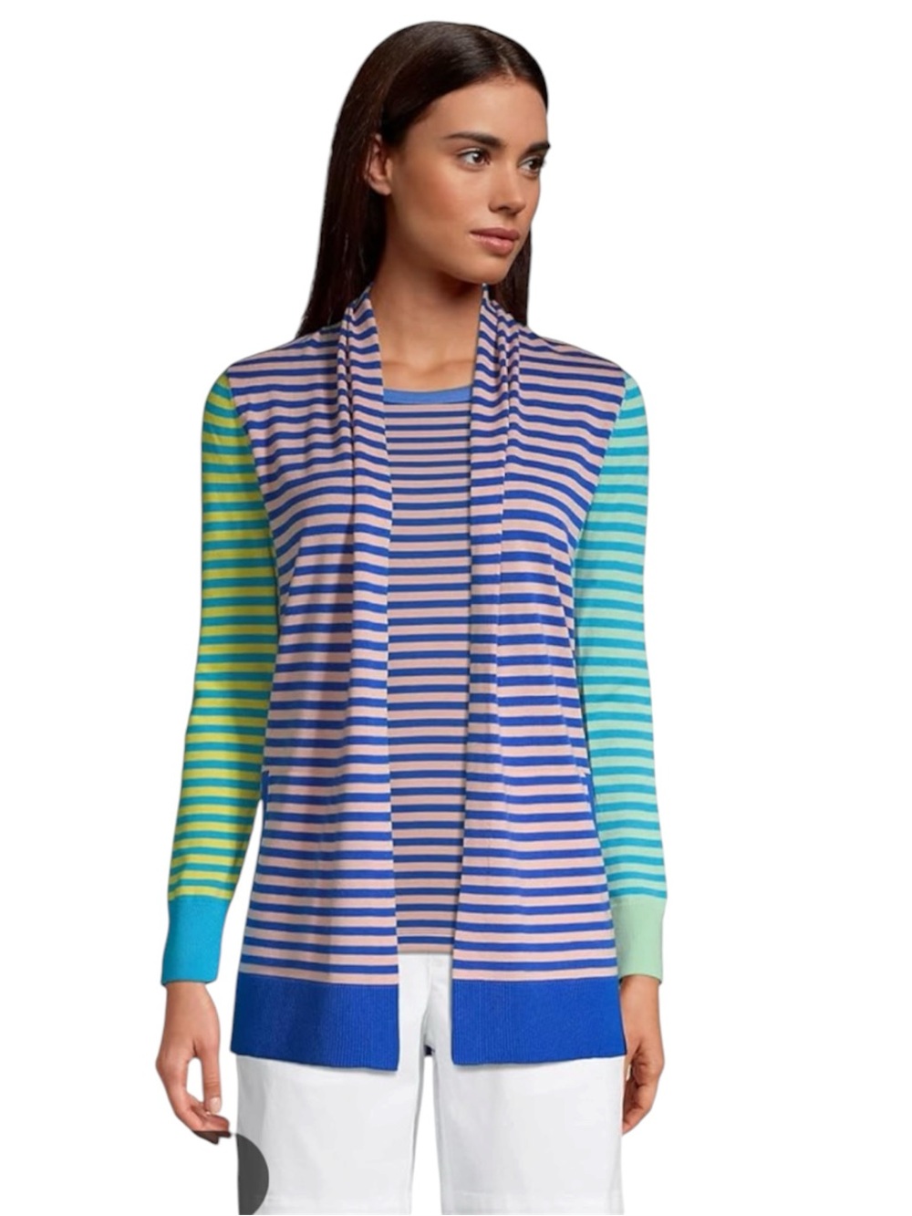 Lands’ End Multicolor Stripe Open Front Cotton Color-block Cardigan Size M
